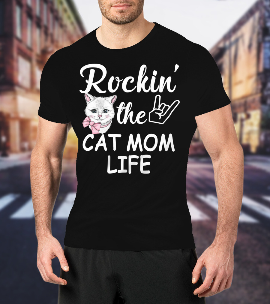 Rockin' The Cat Mom Life With Rock Hand And Pink Bow Cat T-Shirt