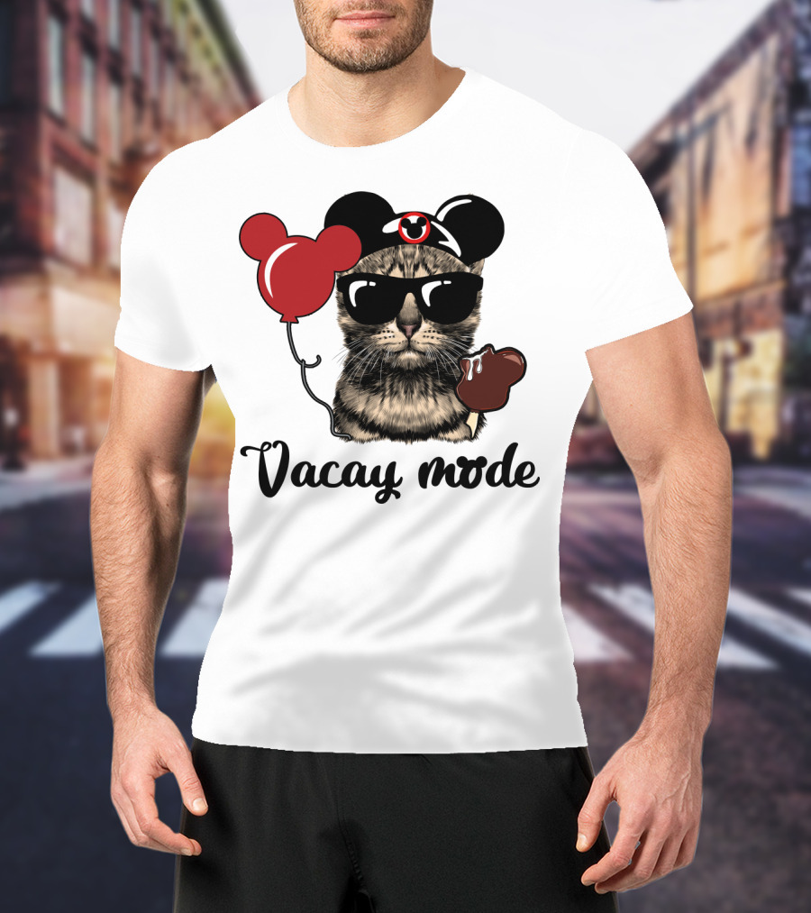 Vacay Mode Cat With Mouse Ears, Balloon, Sunglasses, Chocolate For Fans T-Shirt