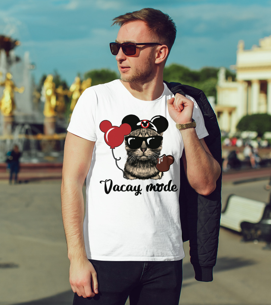 Vacay Mode Cat With Mouse Ears, Balloon, Sunglasses, Chocolate For Fans T-Shirt