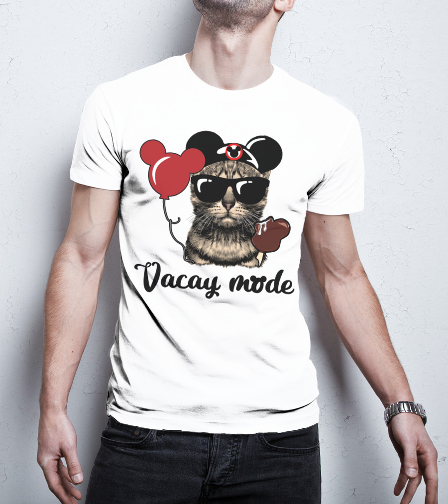 Vacay Mode Cat With Mouse Ears, Balloon, Sunglasses, Chocolate For Fans T-Shirt