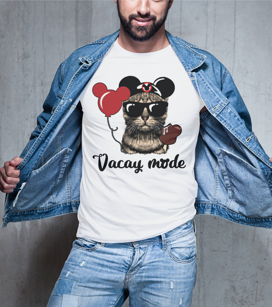 Vacay Mode Cat With Mouse Ears, Balloon, Sunglasses, Chocolate For Fans T-Shirt