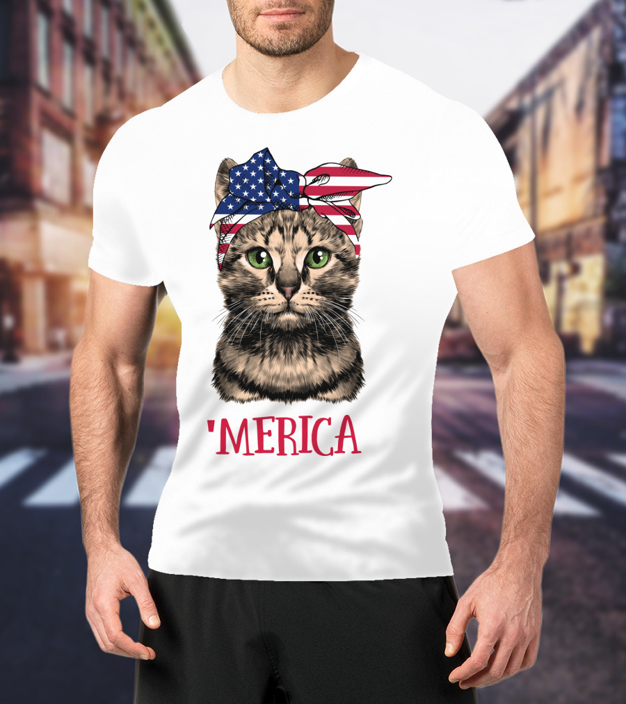 Cat With American Flag Bandana 'Merica T-Shirt