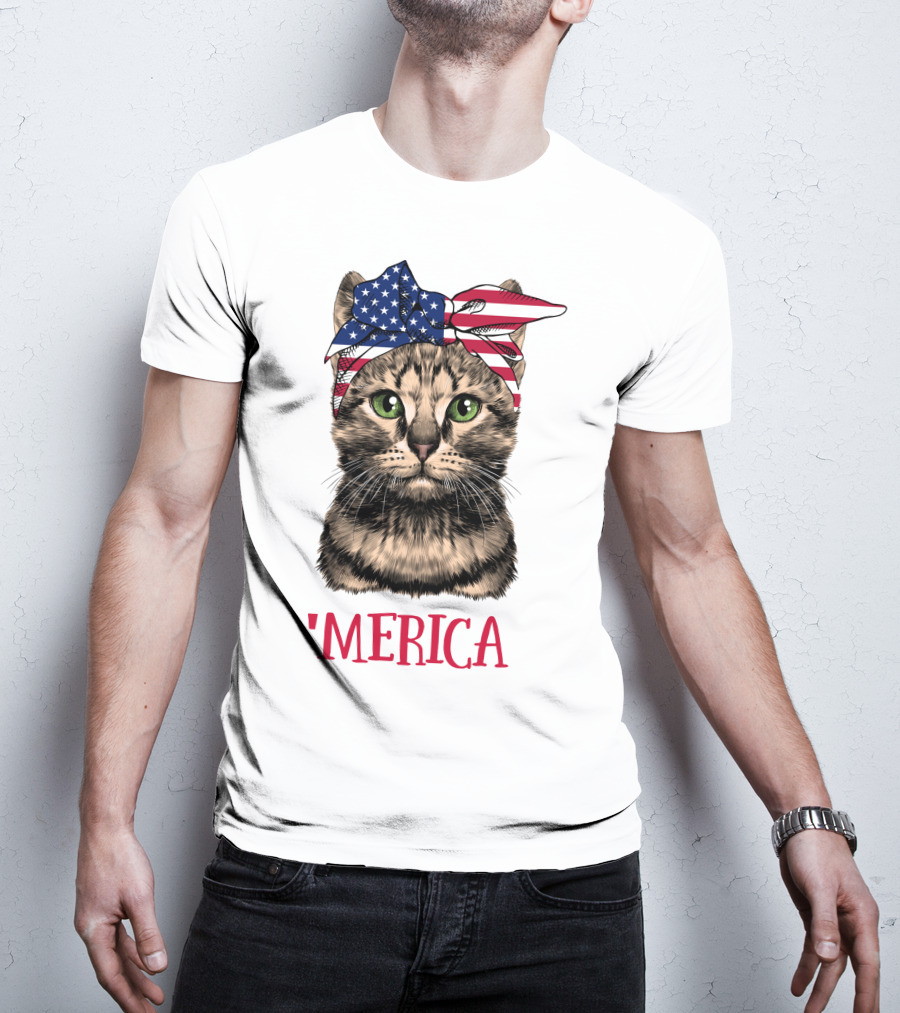Cat With American Flag Bandana 'Merica T-Shirt
