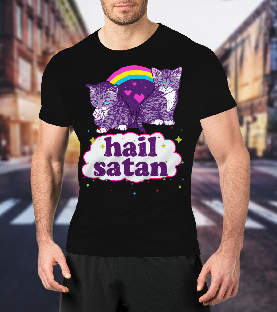 Hail Satan Cats With Rainbow And Hearts T-Shirt