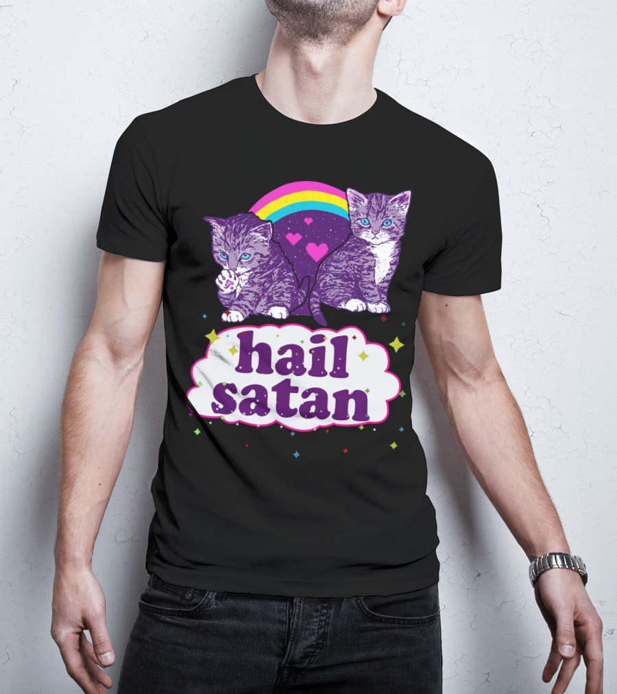 Hail Satan Cats With Rainbow And Hearts T-Shirt