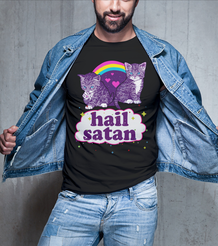 Hail Satan Cats With Rainbow And Hearts T-Shirt