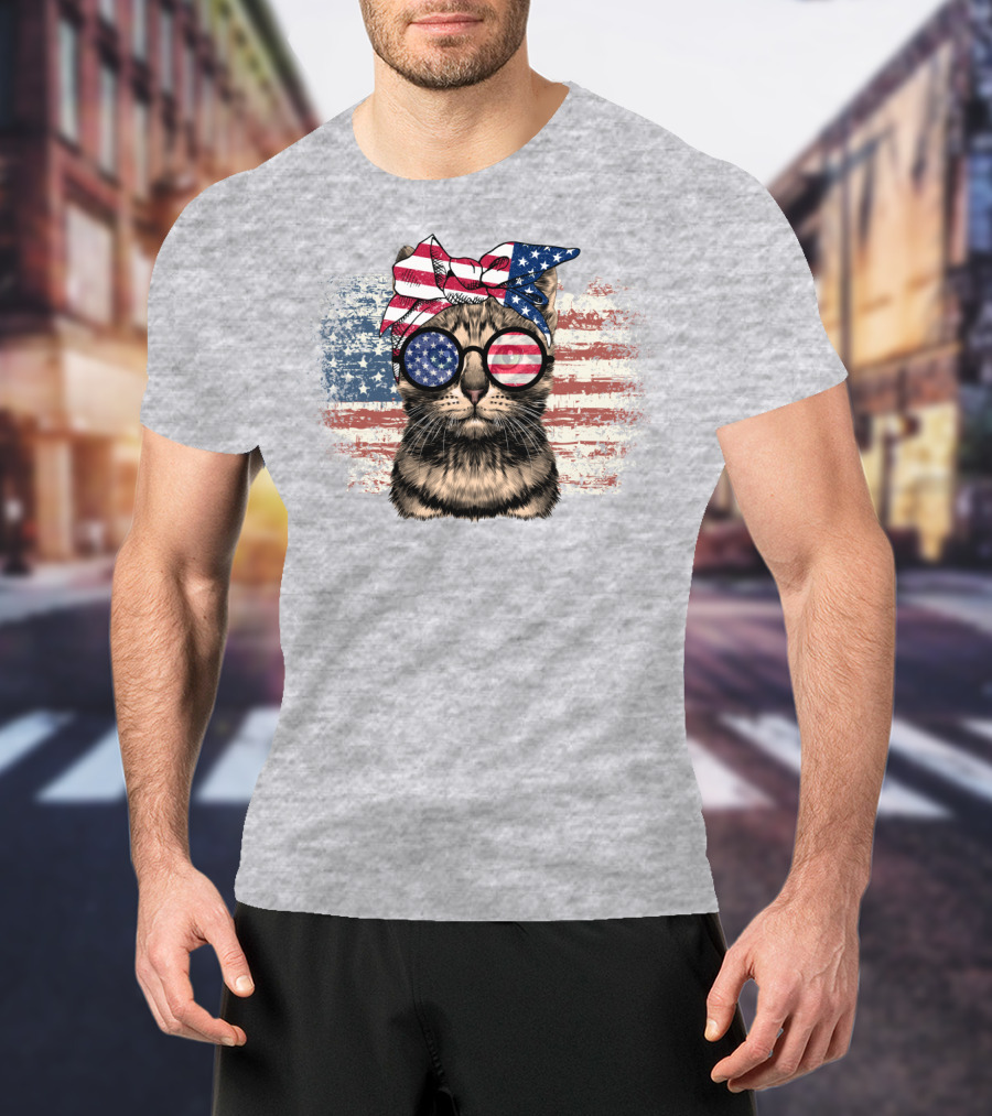 Cat American Flag Glasses Bandana T-Shirt