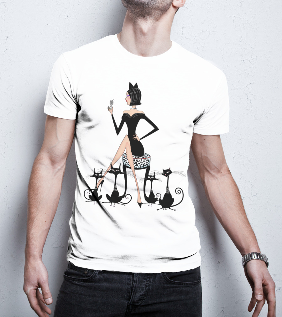 Stylish Cat Lady With Elegant Black Cats And Wine T-Shirt