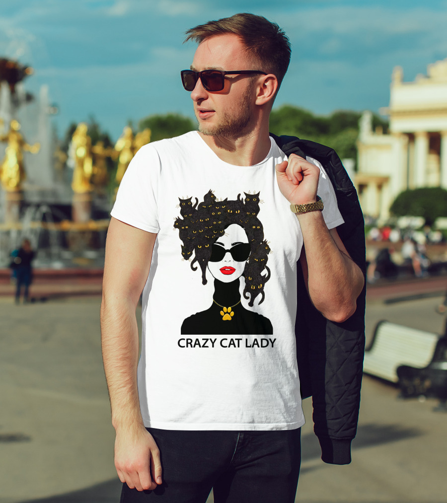 CRAZY CAT LADY Cat Afro Sunglasses Red Lips Golden Paw Necklace T-Shirt