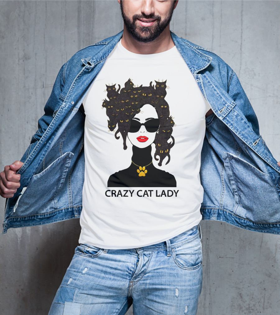 CRAZY CAT LADY Cat Afro Sunglasses Red Lips Golden Paw Necklace T-Shirt