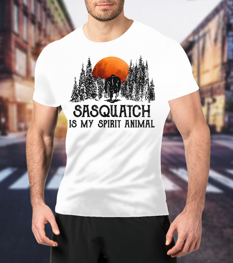 Sasquatch Is My Spirit Animal Forest Silhouette With Orange Moon T-Shirt