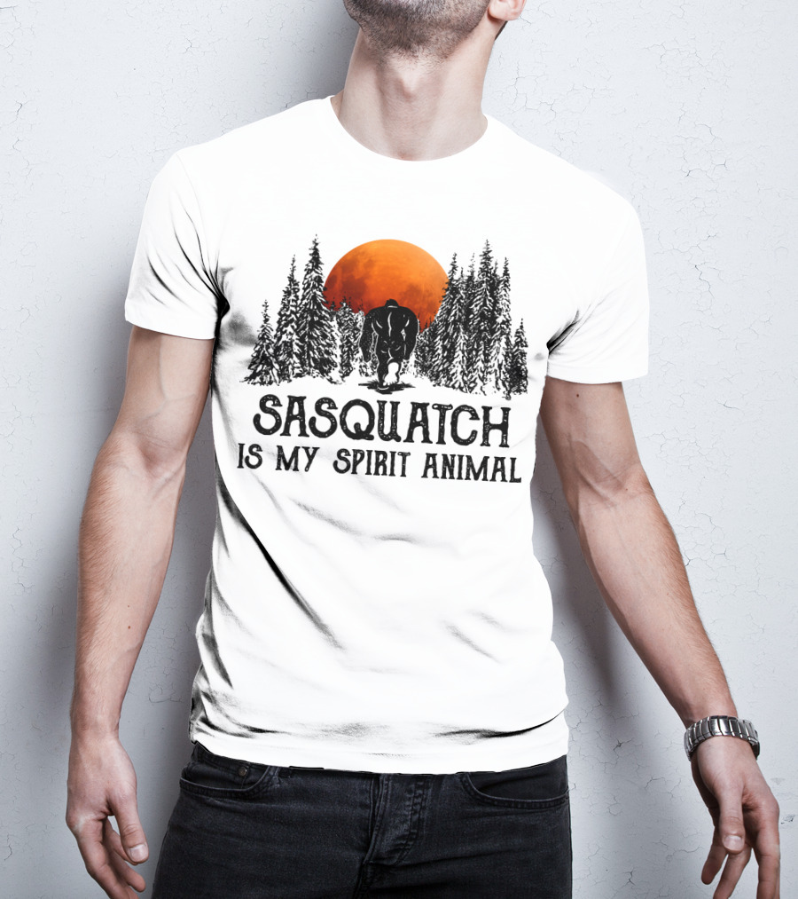 Sasquatch Is My Spirit Animal Forest Silhouette With Orange Moon T-Shirt