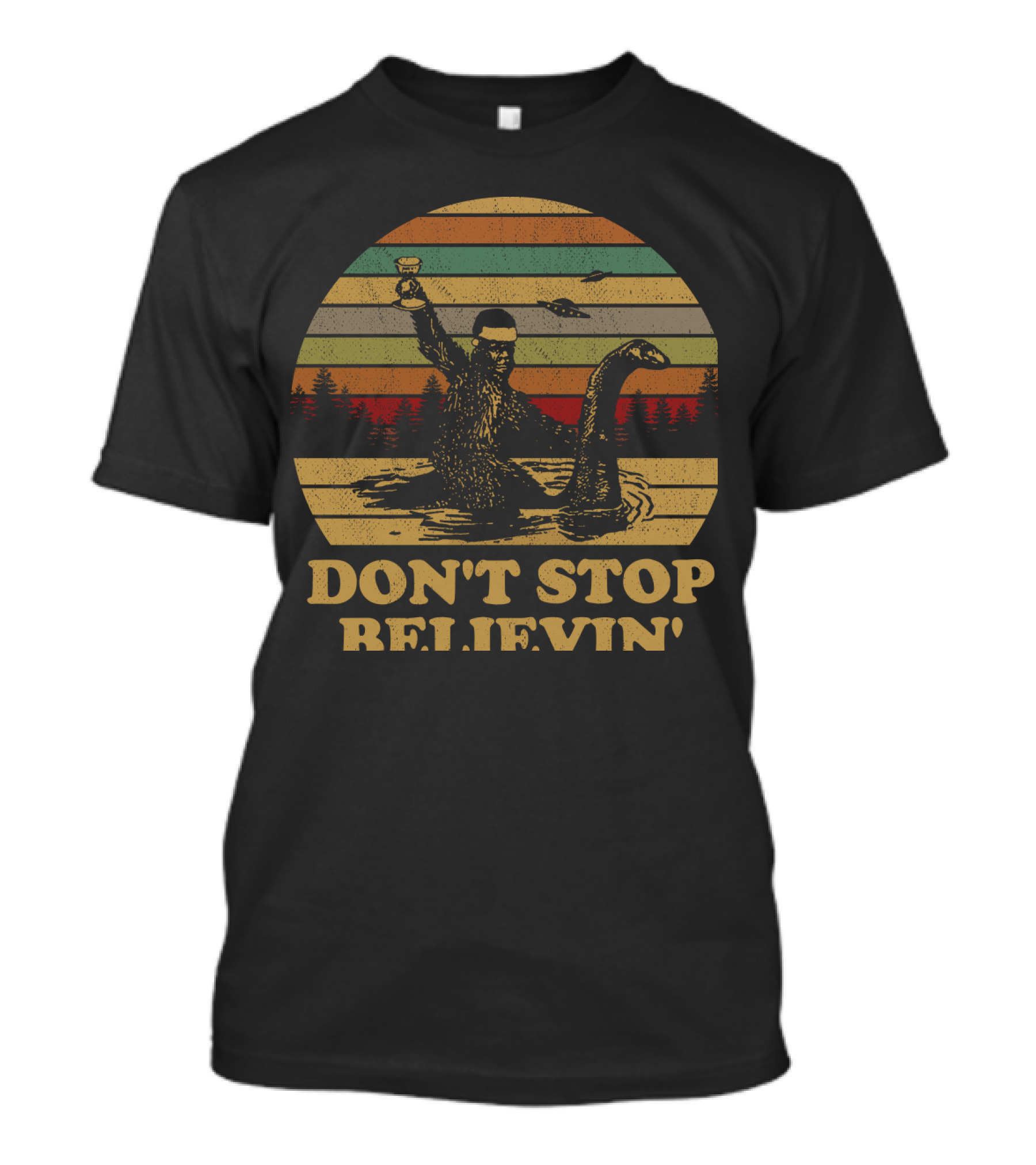 Don't Stop Believin' Bigfoot Loch Ness Vintage Sunset Retro T-Shirt