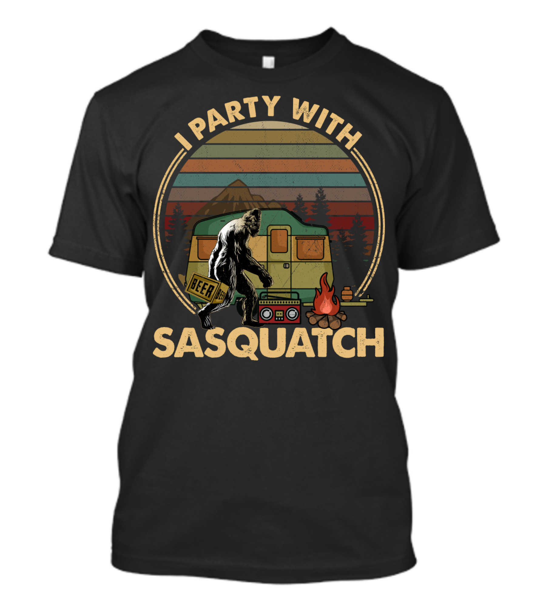I Party With Sasquatch Beer Campfire Retro Camper Boombox T-Shirt
