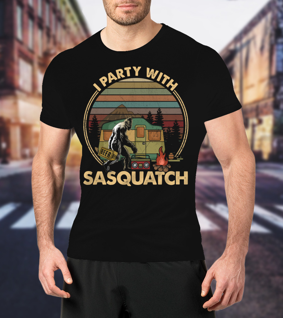 I Party With Sasquatch Beer Campfire Retro Camper Boombox T-Shirt