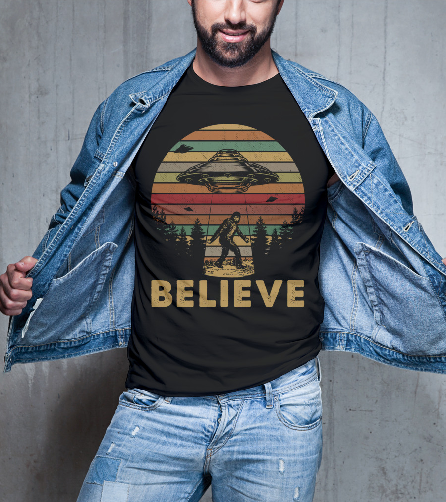 Believe Bigfoot UFO Vintage Stripes Forest Retro T-Shirt