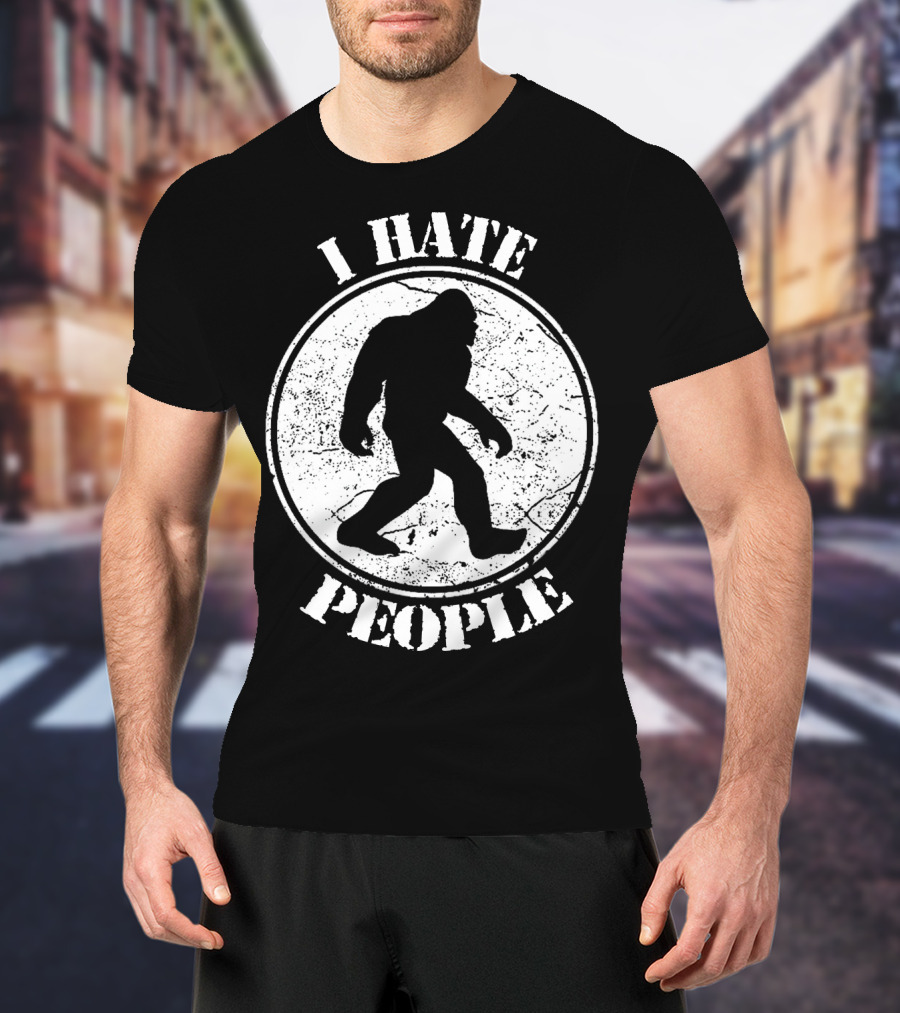 I Hate People Bigfoot Silhouette Walking In Circle T-Shirt