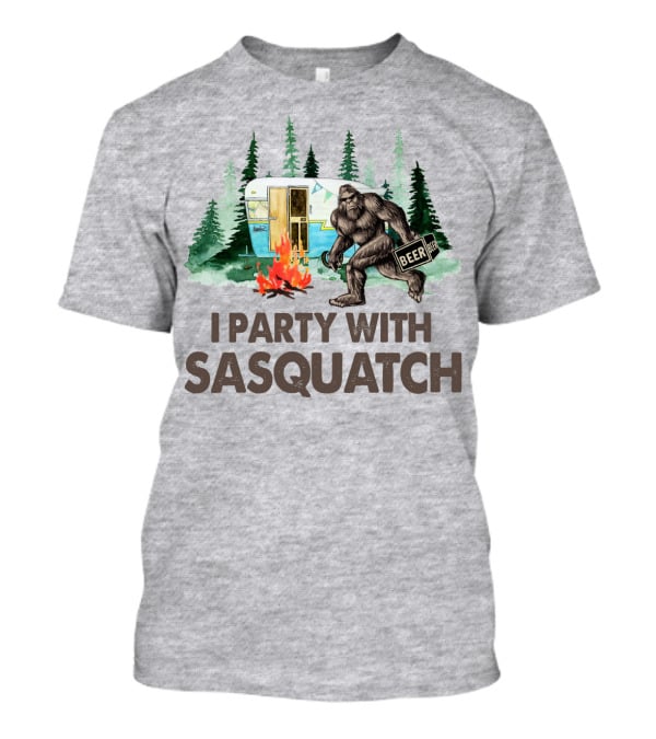 Beer I Party With Sasquatch Camper Fire Forest Scene T-Shirt