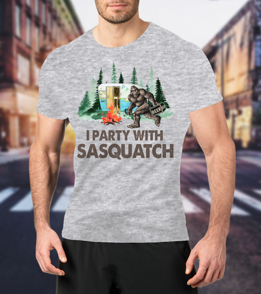 Beer I Party With Sasquatch Camper Fire Forest Scene T-Shirt