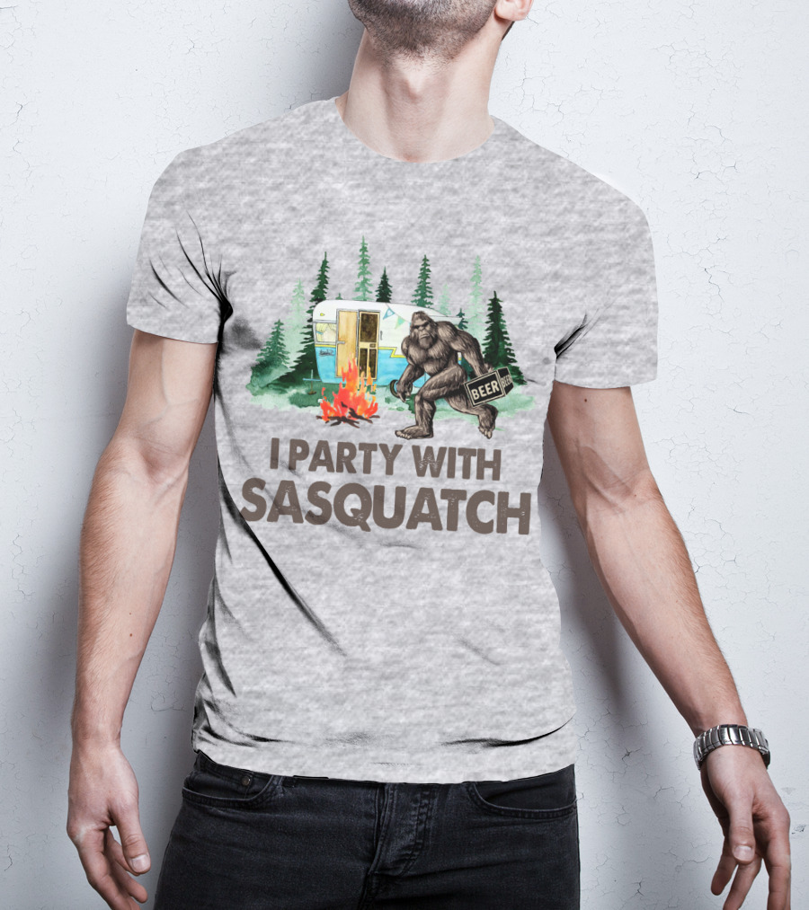 Beer I Party With Sasquatch Camper Fire Forest Scene T-Shirt