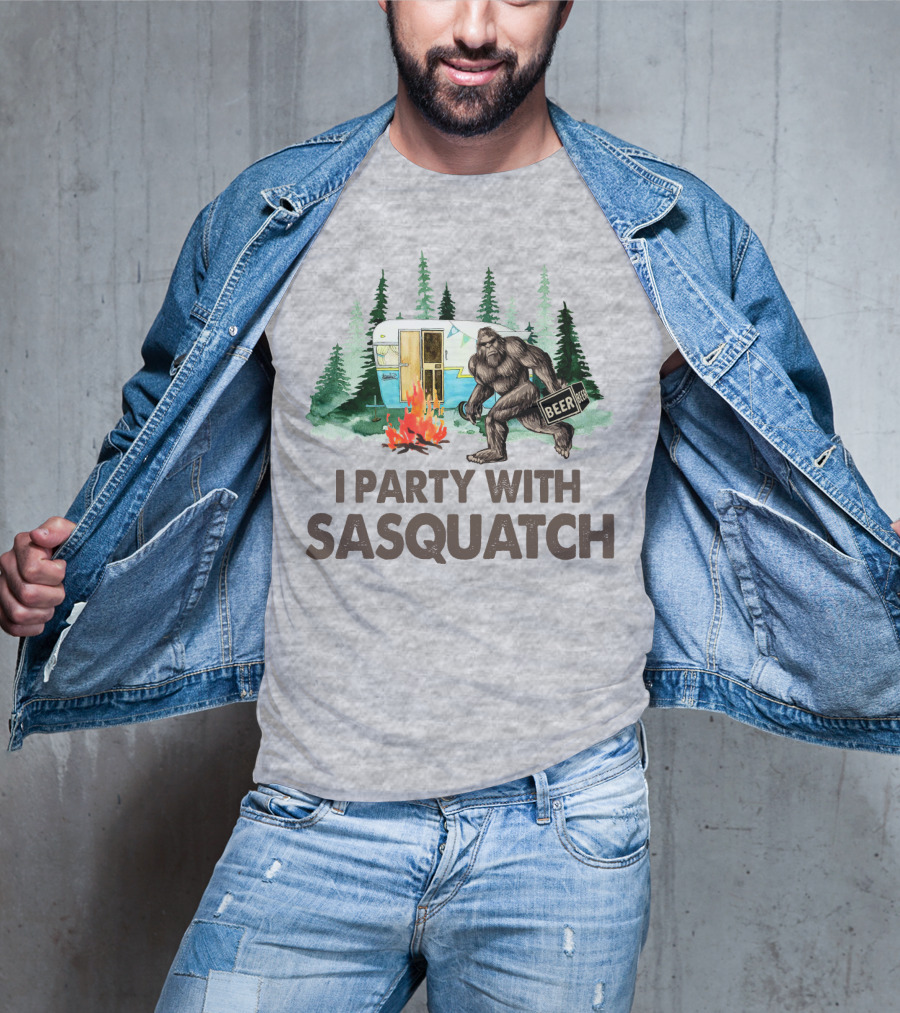 Beer I Party With Sasquatch Camper Fire Forest Scene T-Shirt