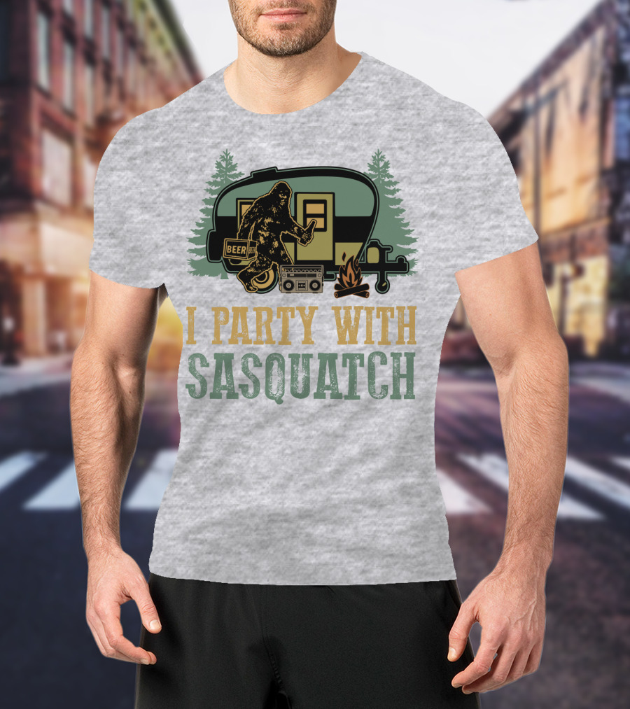I Party With Sasquatch Beer Campfire Boombox Trailer Adventure T-Shirt