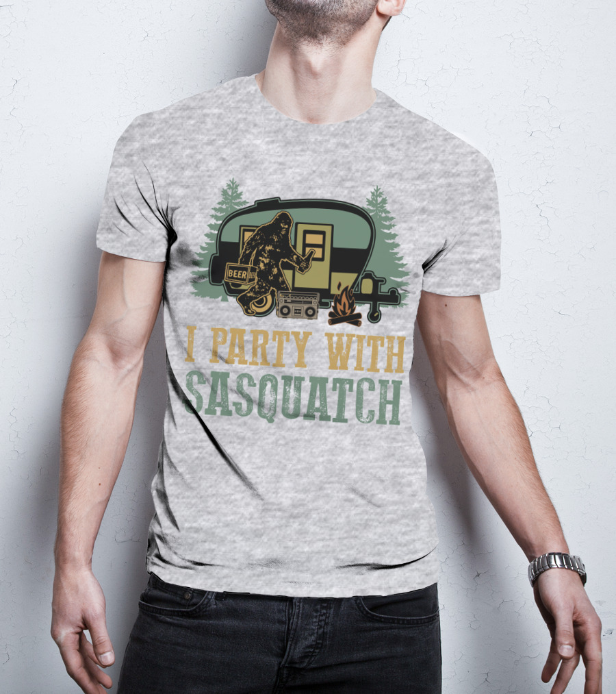 I Party With Sasquatch Beer Campfire Boombox Trailer Adventure T-Shirt