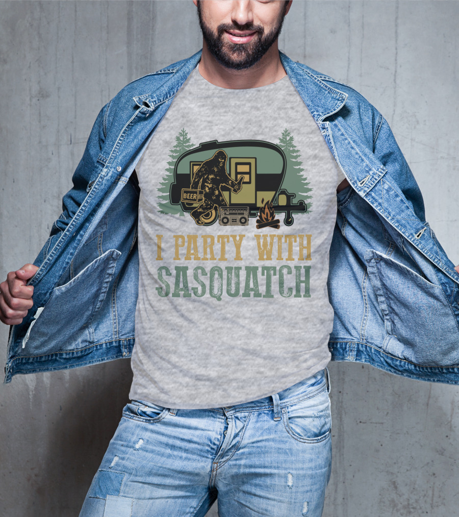 I Party With Sasquatch Beer Campfire Boombox Trailer Adventure T-Shirt