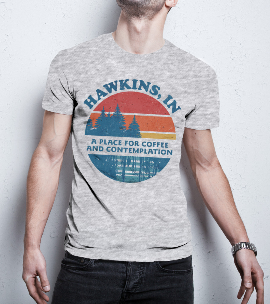 HAWKINS, IN A Place For Coffee And Contemplation Vintage Forest Sunset Circle T-Shirt