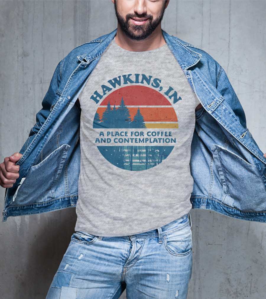 HAWKINS, IN A Place For Coffee And Contemplation Vintage Forest Sunset Circle T-Shirt