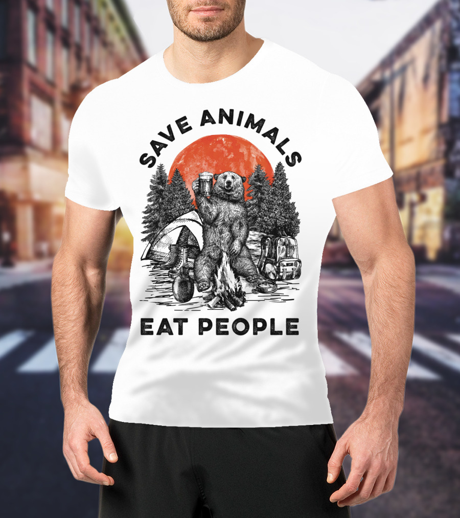 Save Animals Eat People Camping Bear Campfire Scene T-Shirt