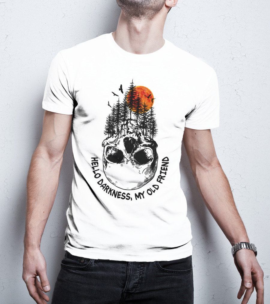 Hello Darkness My Old Friend Skull Forest Red Moon Birds Camping T-Shirt