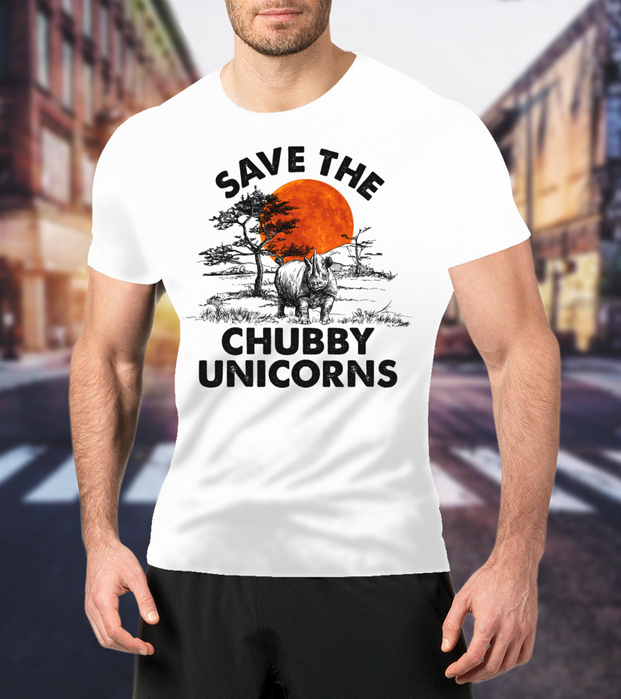 Save The Chubby Unicorns Rhino Conservation Sunset Scene T-Shirt