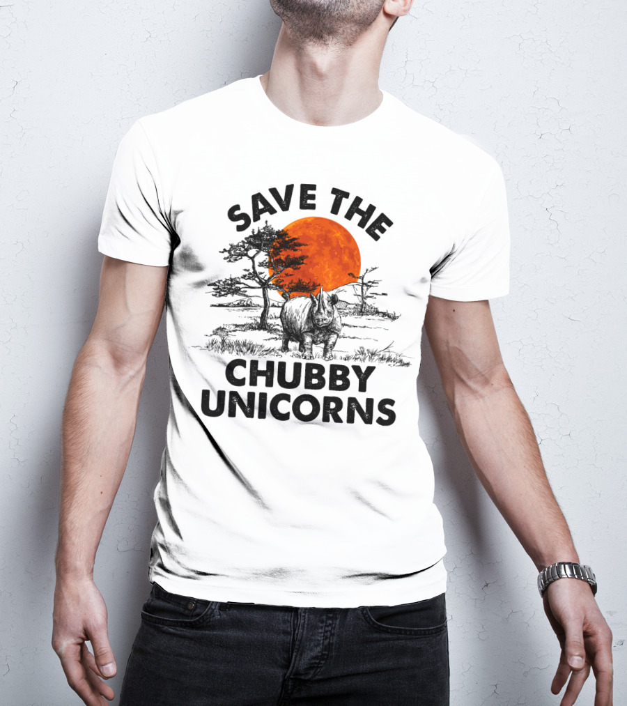 Save The Chubby Unicorns Rhino Conservation Sunset Scene T-Shirt