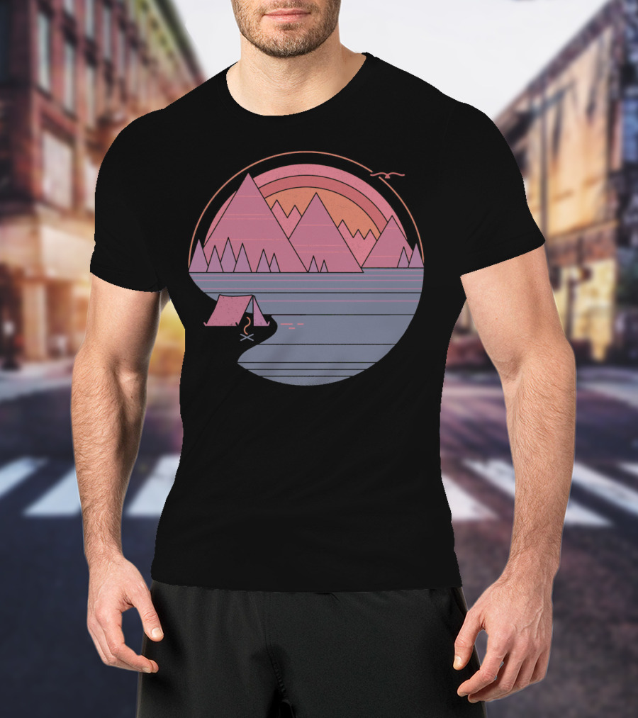 Camping Landscape With Mountains, Tent, Campfire, Sunset, And Bird In Circle T-Shirt