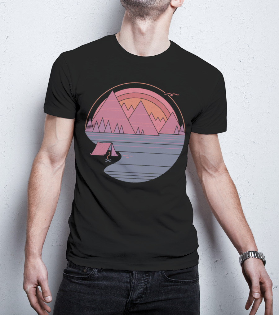 Camping Landscape With Mountains, Tent, Campfire, Sunset, And Bird In Circle T-Shirt