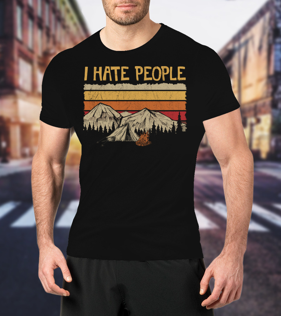 I Hate People Mountains Tent Campfire Vintage Retro Style Camping Hate T-Shirt