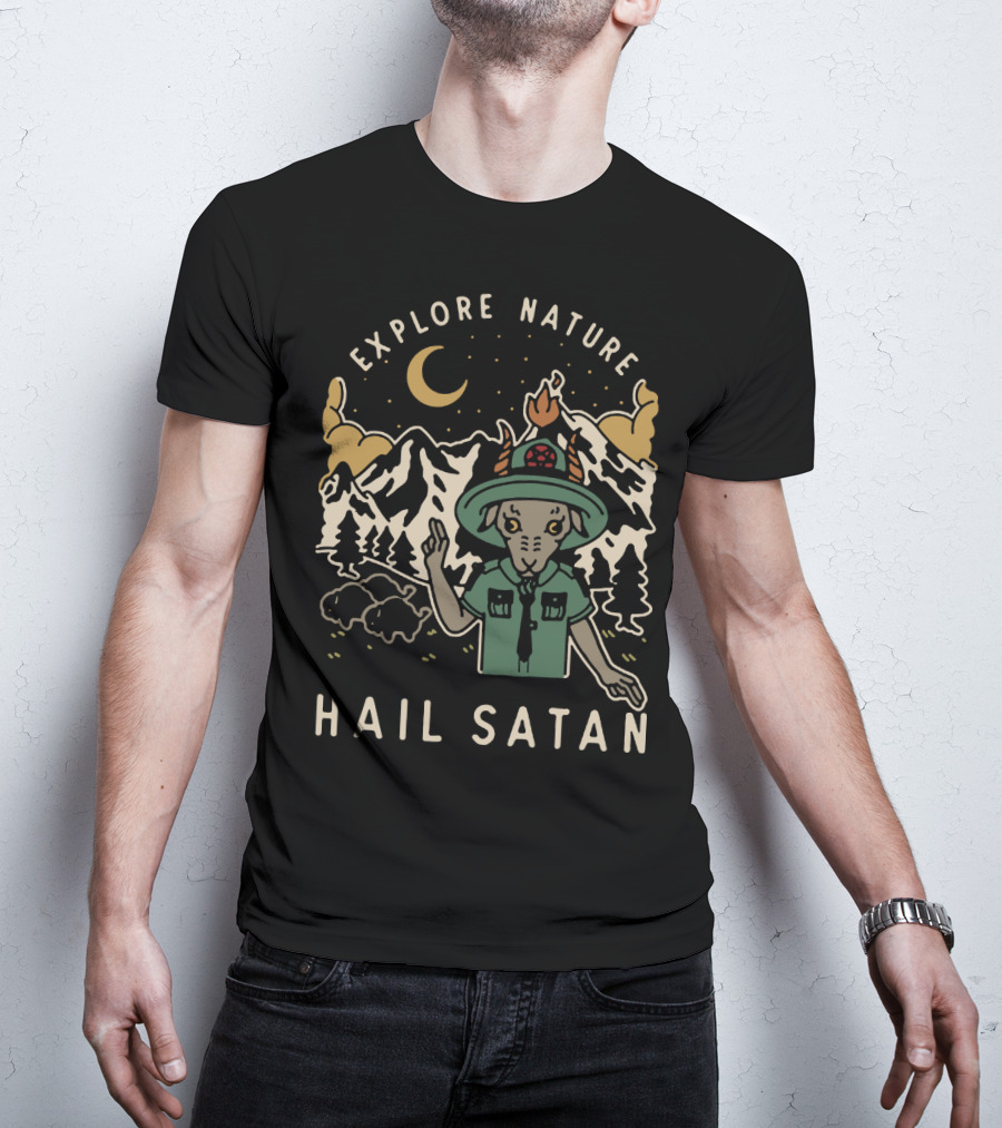Explore Nature Hail Satan Moonlit Mountain Landscape Goat Character T-Shirt