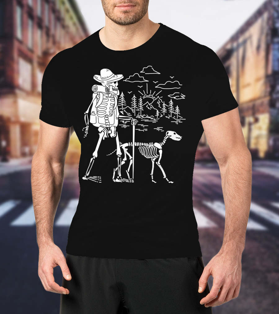 Hiking Skeleton With Skeleton Dog In Mountain Forest Scene T-Shirt