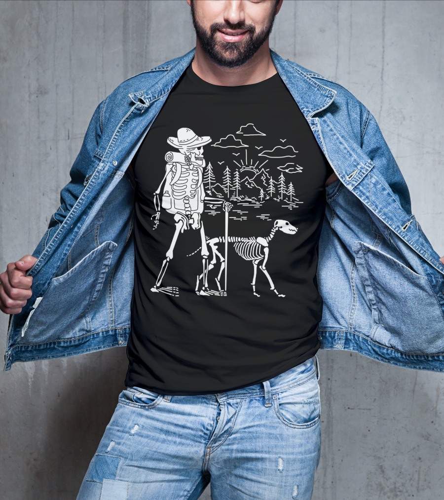 Hiking Skeleton With Skeleton Dog In Mountain Forest Scene T-Shirt