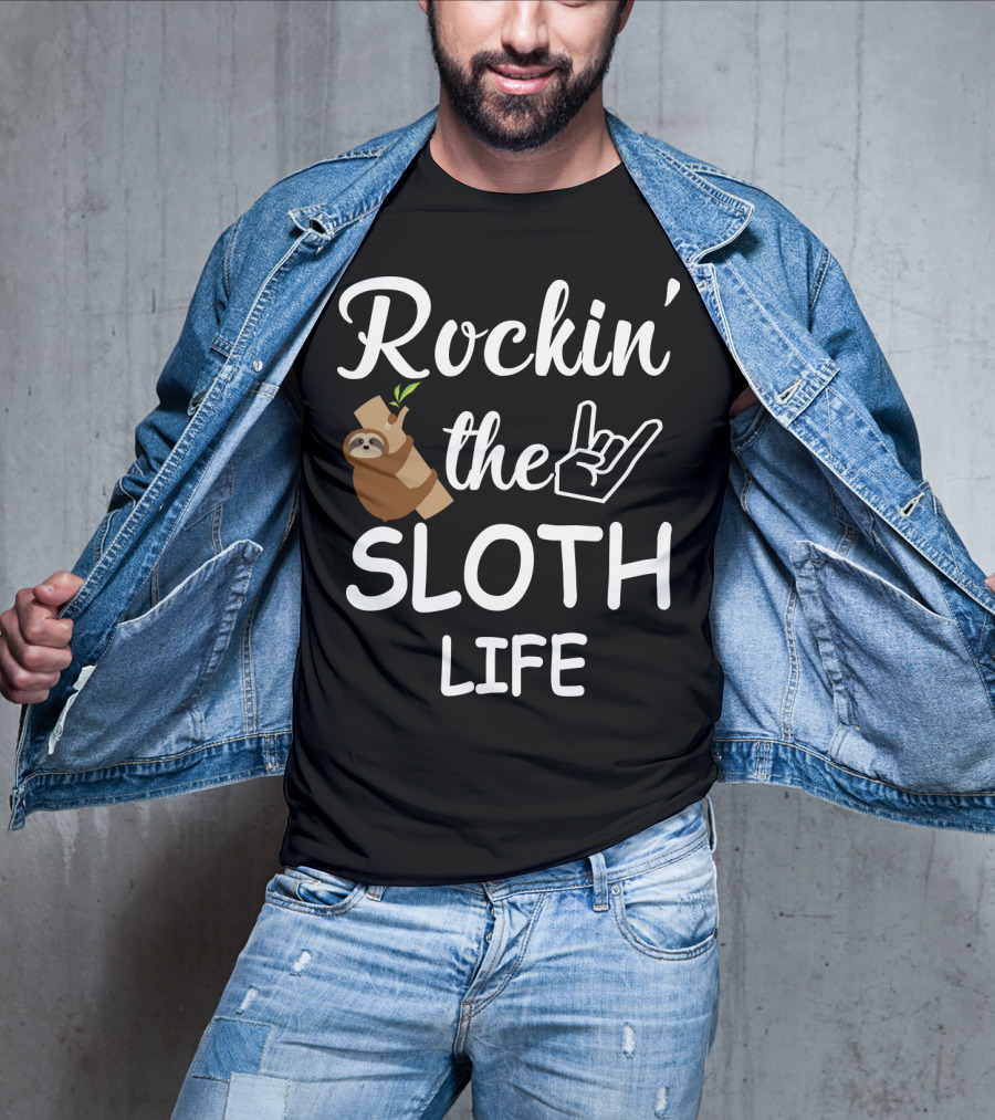 Rockin' The Sloth Life With Rock Hand Gesture And Cute Sloth Hanging On Branch T-Shirt
