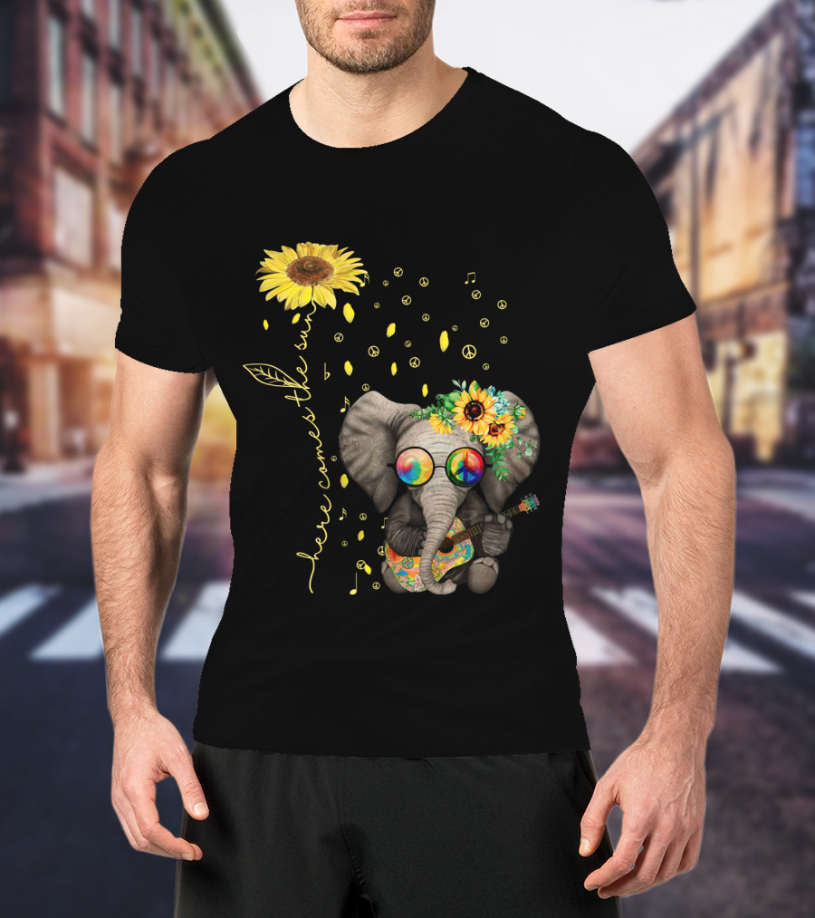 Here Comes The Sun Elephant With Sunflower And Peace Symbols T-Shirt