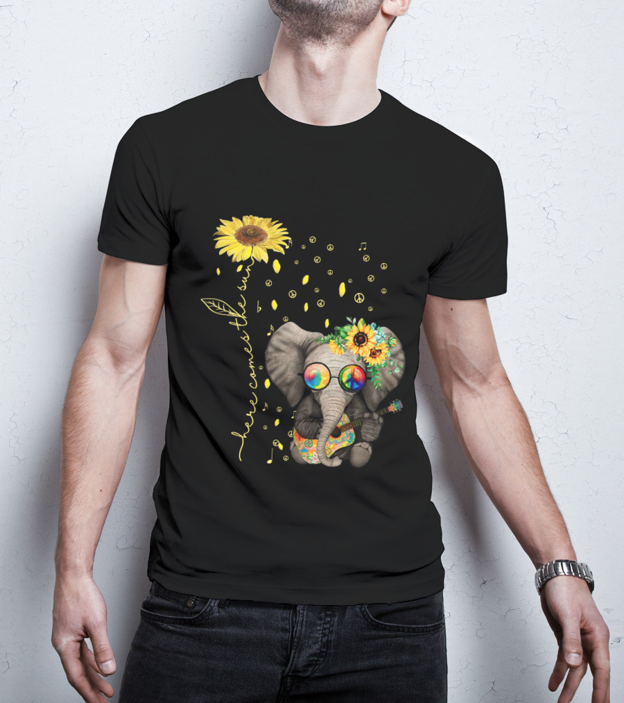 Here Comes The Sun Elephant With Sunflower And Peace Symbols T-Shirt
