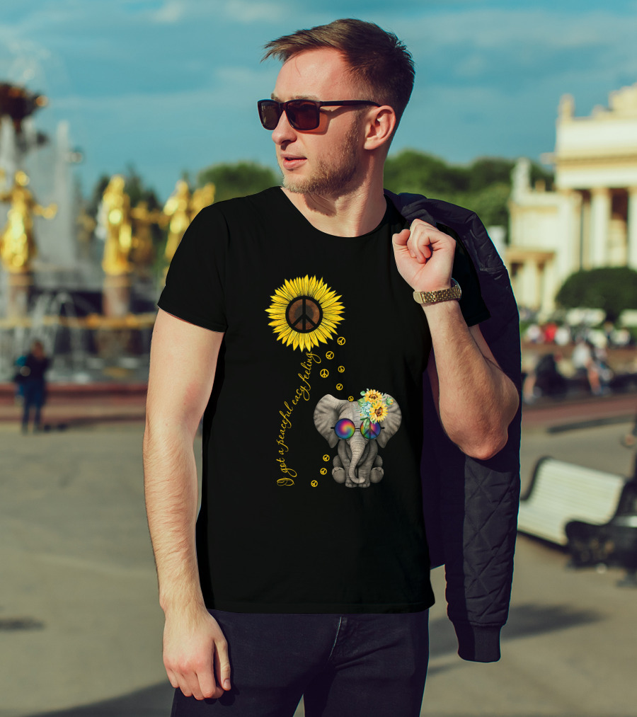 I Got A Peaceful Easy Feeling Elephant With Sunflower And Peace Symbols T-Shirt