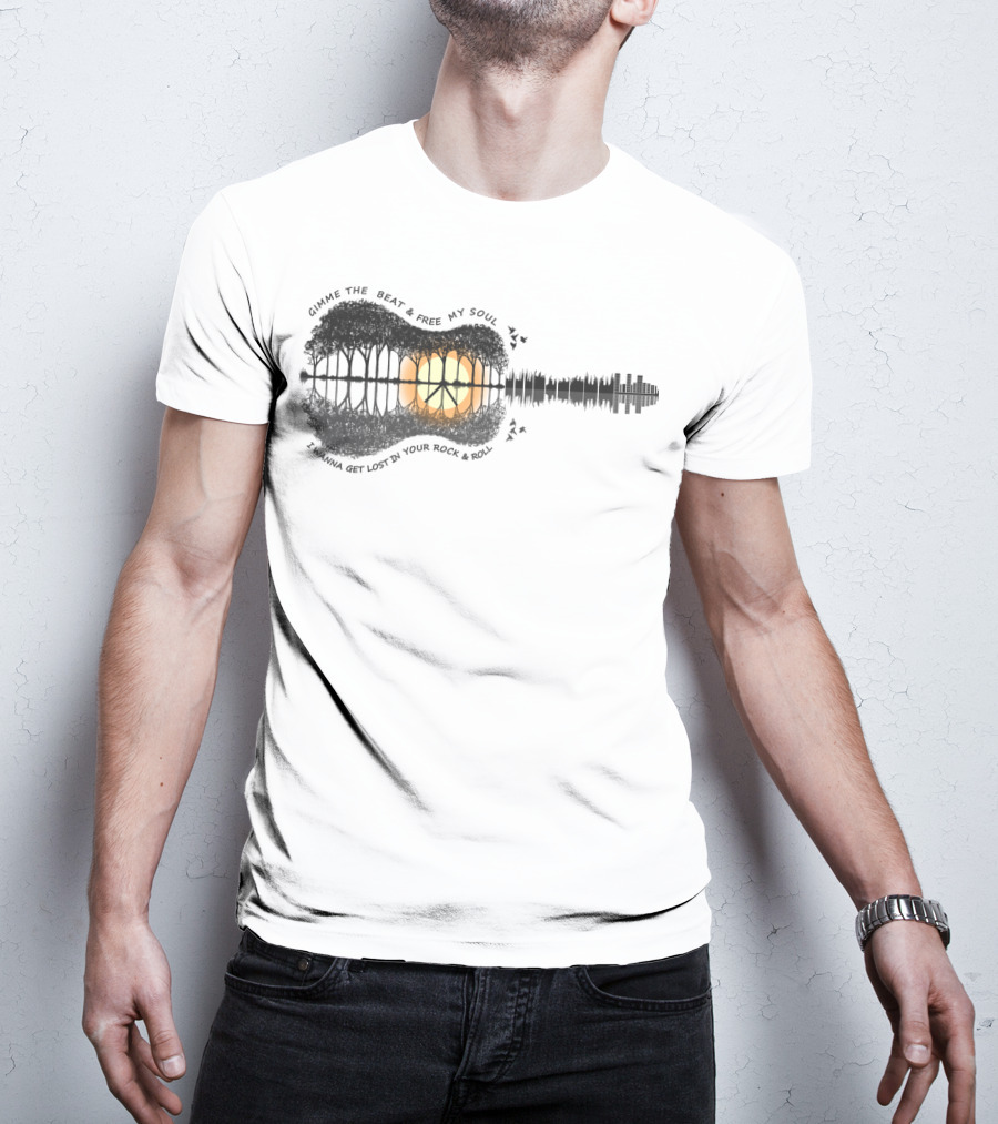 Gimme The Beat And Free My Soul I Wanna Get Lost In Your Rock And Roll Guitar Skyline Sunset T-Shirt