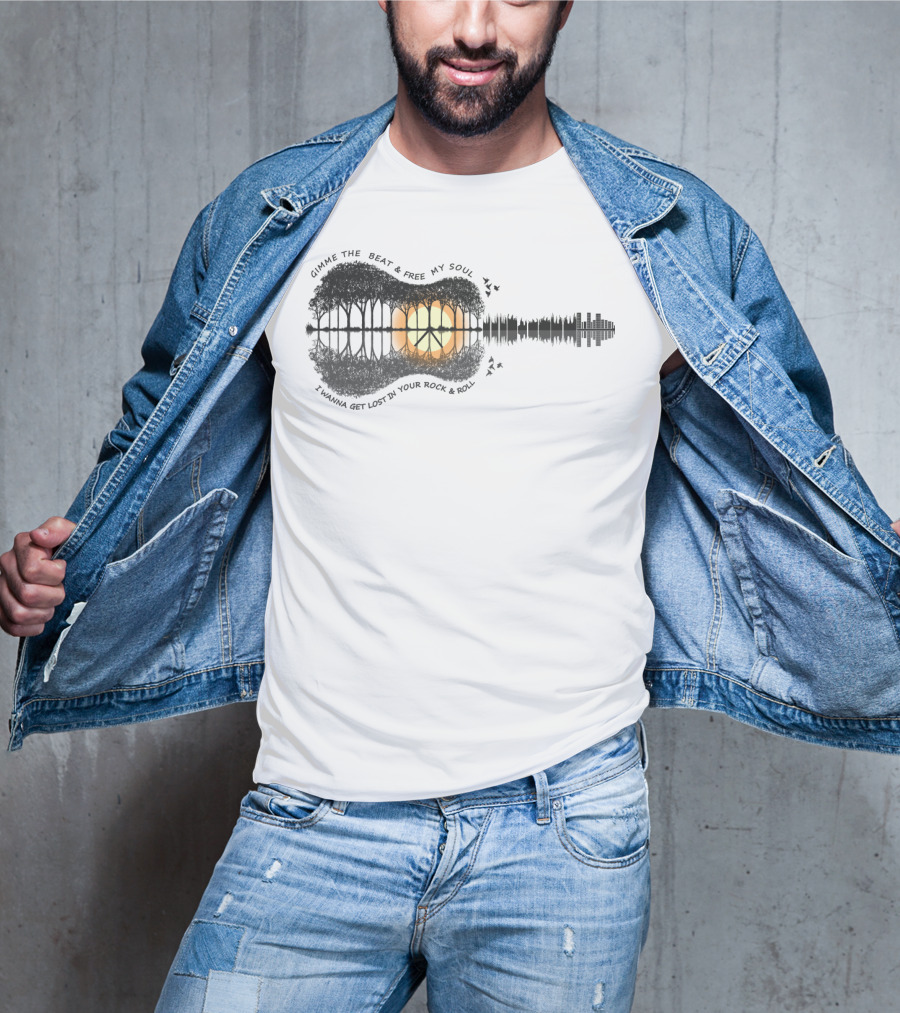Gimme The Beat And Free My Soul I Wanna Get Lost In Your Rock And Roll Guitar Skyline Sunset T-Shirt