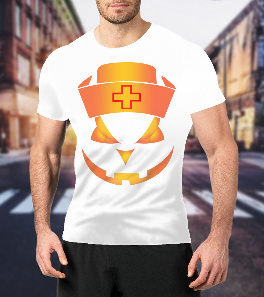 Nurse Pumpkin Face With Cross Hat Halloween T-Shirt