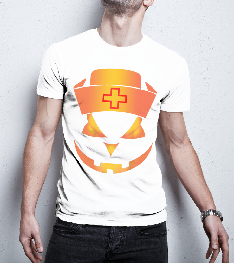 Nurse Pumpkin Face With Cross Hat Halloween T-Shirt