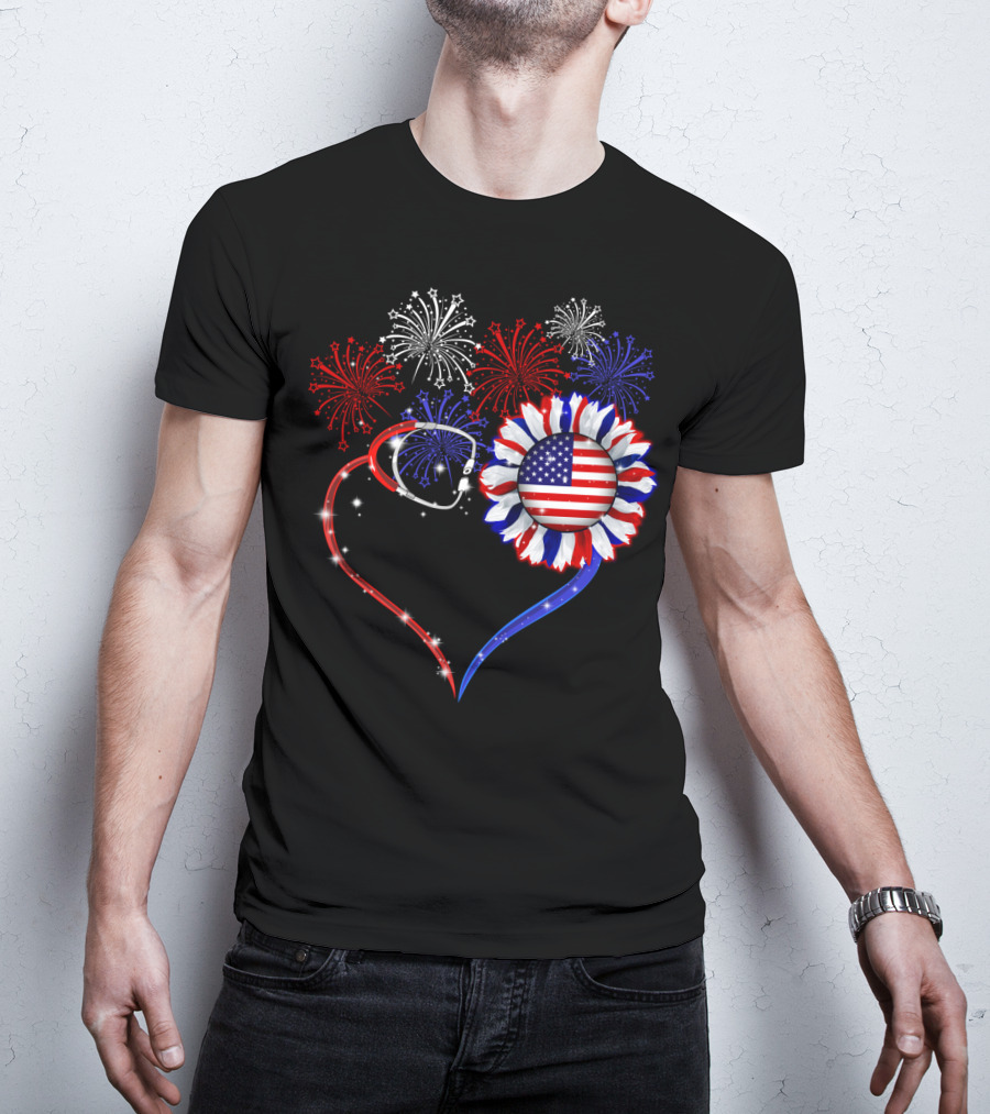 Nurse Patriotic Heart With American Flag And Fireworks T-Shirt