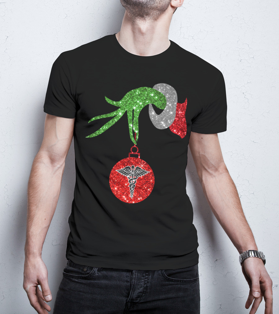 Grinch Hand Holding Caduceus Christmas Ornament Nurse T-Shirt